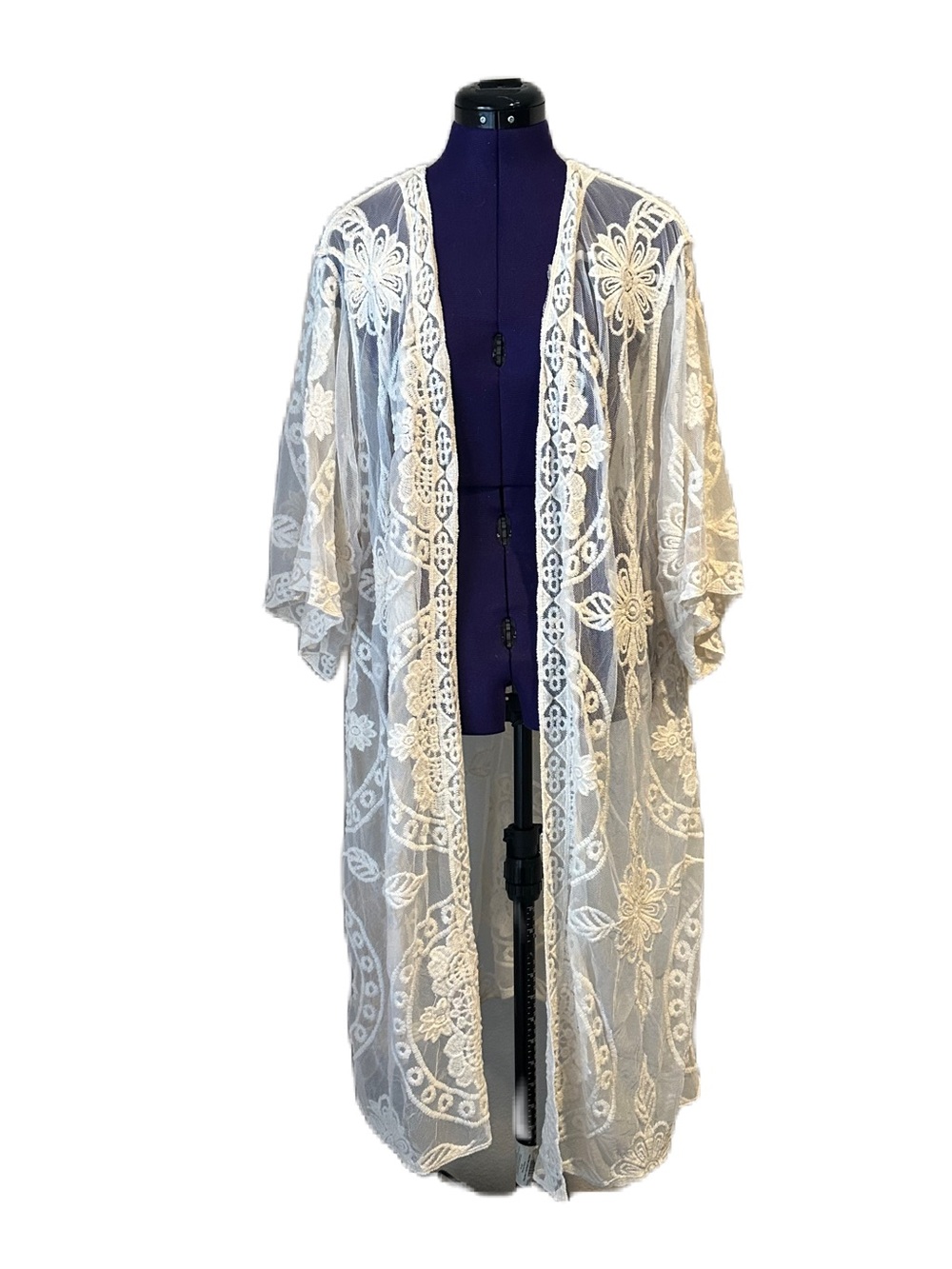 White Sheer Mesh Lace Duster Sweater